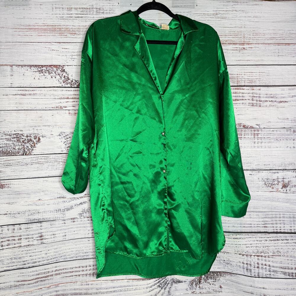 Victoria's Secret Green Satin Sleep Shirt Nightgown Button Front M/L